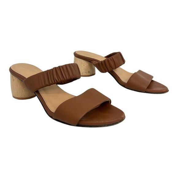 Dear Frances Women's Size 37 Brown Double Strap Leather Sandals Wooden Heel - Picture 1 of 7
